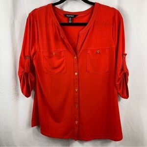 Ellen Tracy Red Split V Neck Button Up Blouse 3/4 Roll Tab Sleeves Medium